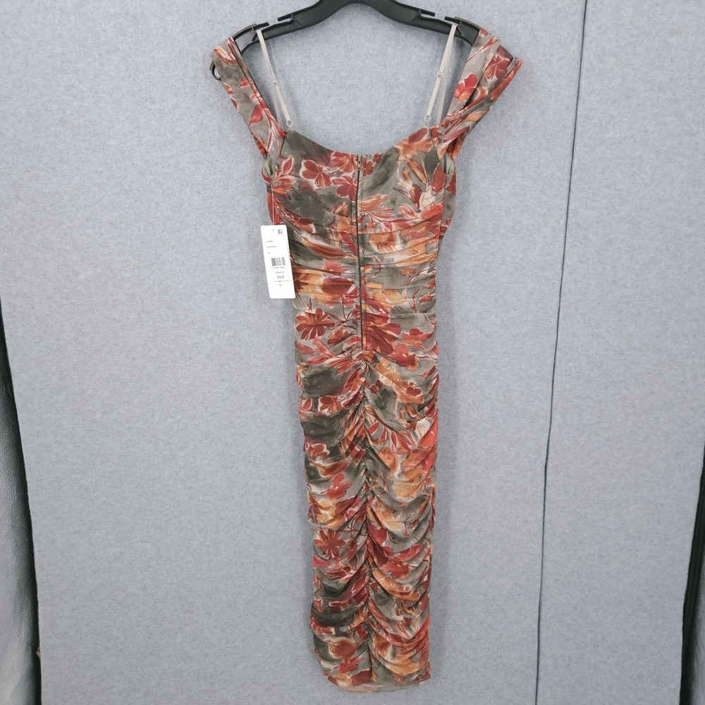 Katia Rae Printed Floral Off Shoulder Ruched Mesh Midi Dress Olive Cowlneck XS - Picture 7 of 10